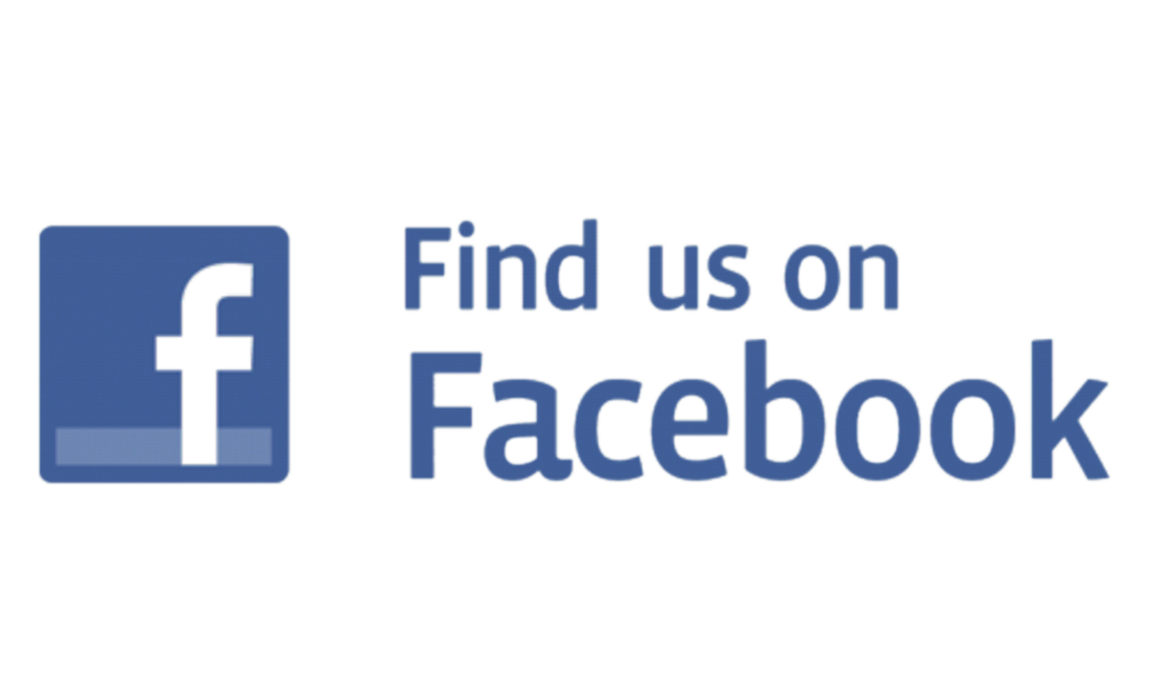 Facebook logo is square box with whit "F". Says "Find us on Facebook."