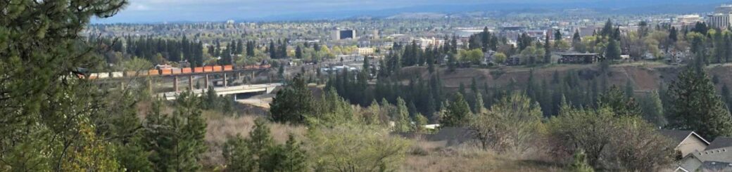View from the hillside in Grandview Thorpe Neighborhood. Overlooking downtown Spokane, including trees, businesses, trains, etc. 