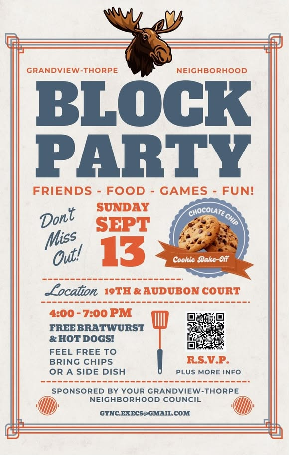 Poster with moose, chocolate chip cookie images and big blue letters that say block party.